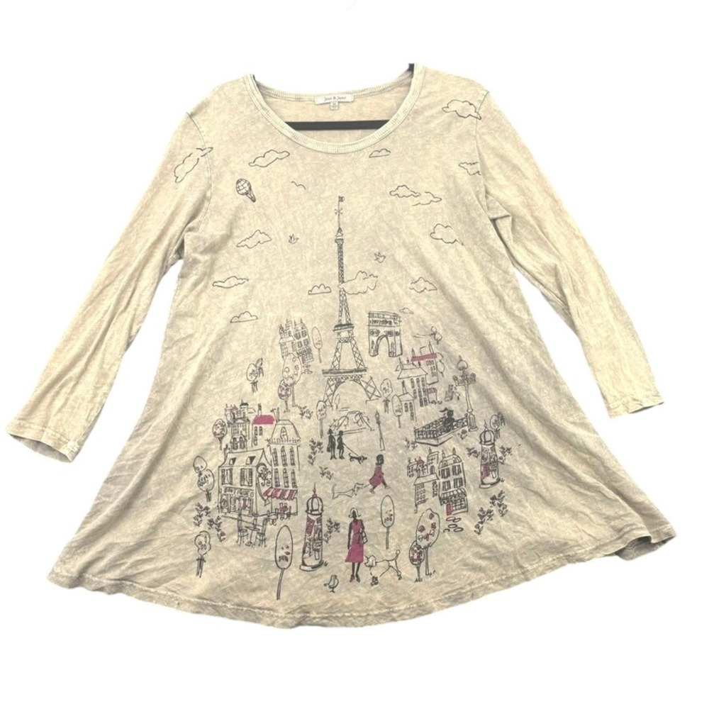 Jane & Jane Paris Graphic Tunic Top Women M Cotton Slub Whimsigoth Travel Artsy
